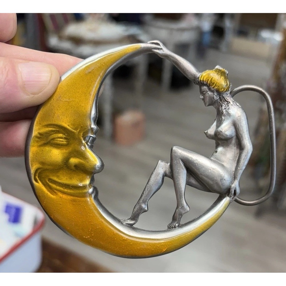 Vintage 1979 Winking Moon Nude Woman Belt Buckle Bergamot Brass Enamel USA